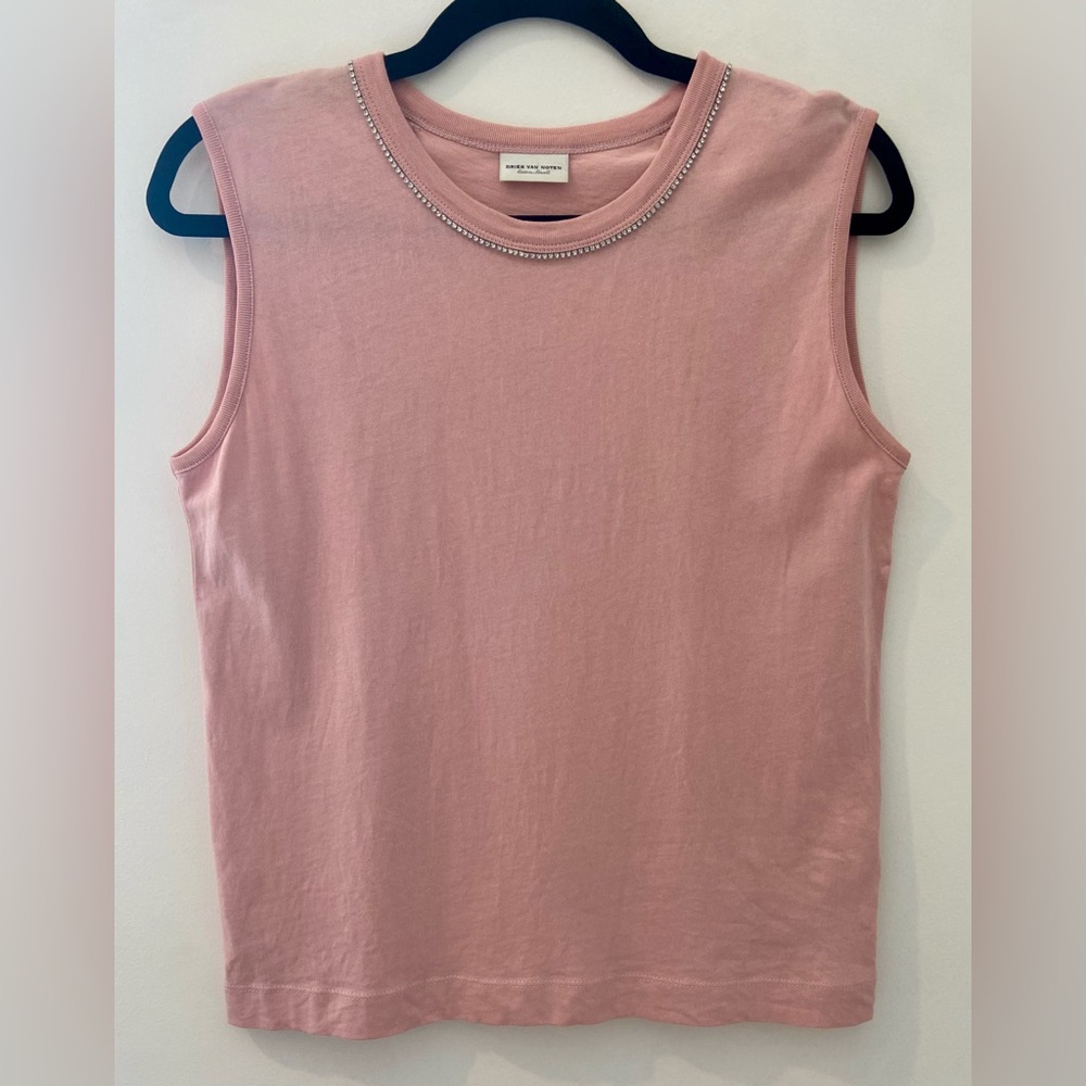 Dries Van Noten Pink Sleeveless Top with rhinestone embellished collar